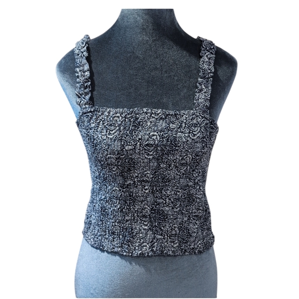 Rachel Zoe Navy & White Smocked Linen Cropped Tank Top Size Large